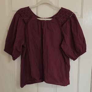 Enfocus Studio Plum Eyelet Yoke Puff Sleeve Blouse